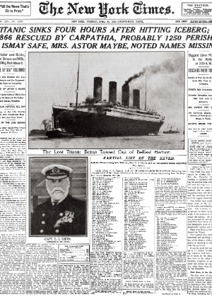 Primeira página da edição do The New York Times de 16 de abril de 1912, com a cobertura do naufrágio do Titanic