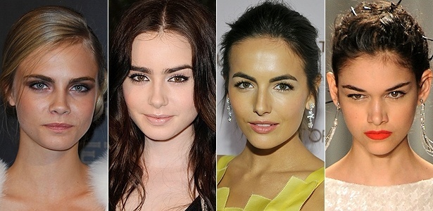 Getty Images A modelo Cara Delevigne, as atrizes Lily Collins e Camilla Belle e a modelo Isabela Mello são exemplos de mulheres que apostam nas sobrancelhas marcadas