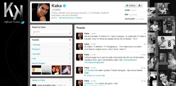 Perfil no Twitter do jogador de futebol Kaká chega aos 10 milhões de seguidores 
