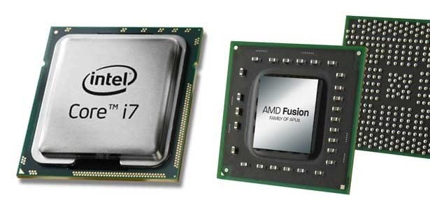 As linhas Core i3, i5 e i7 (Intel; esq) concorrem com os modelos APU A4, A6 e A8 da AMD