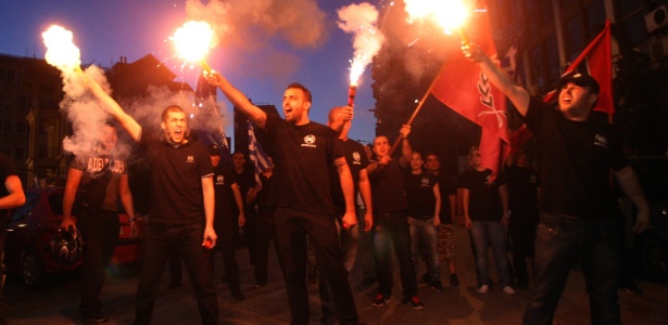 Neonazistas do partido de extrema-direita Aurora Dourada realiza ato em Tessalônica, Grécia