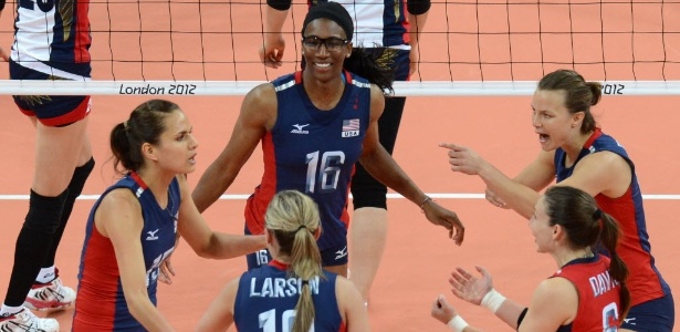 Jogadoras dos Estados Unidos comemoram ponto na vitória sobre a Coreia do Sul