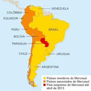Mapa do Mercosul após a entrada da Venezuela no bloco