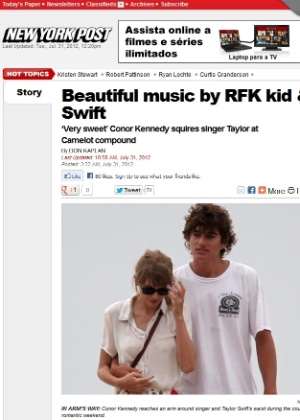 Na imagem, o "New York Post" publicou foto de Taylor Swift e Conor Kennedy juntos (31/7/12)