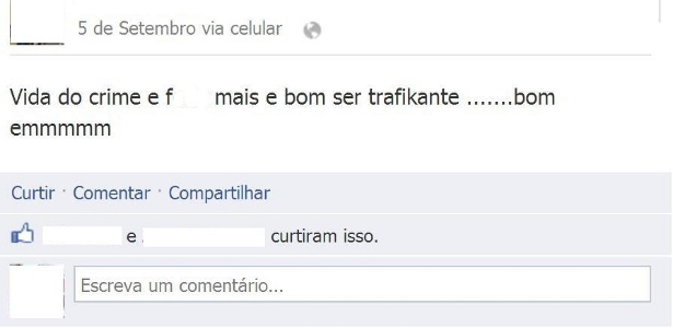 Reprodução de post no Facebook feito por menor acusado de tráfico de drogas pela rede social 