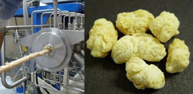 Máquina "recicla" bagaço de cana e produz farinha para salgadinhos nutritivos; à direita, biscoito feito com farinha de arroz e casca de maracujá