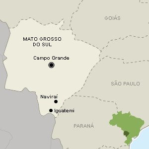 Mapa mostra localização dos municípios de Iguatemi e Naviraí, no Mato Grosso do Sul, palco de conflito entre os índios guaranis-kaiowás e fazendeiros