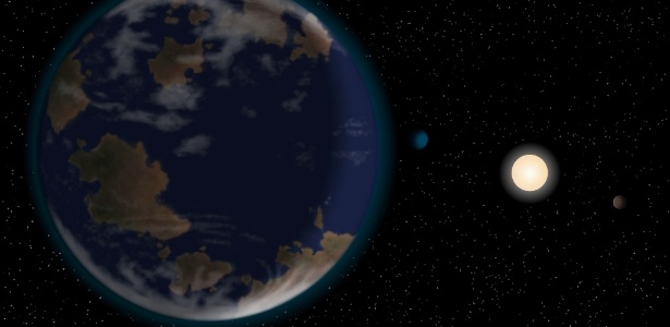 O planeta HD40307g (à esquerda) fica a uma distância ideal da estrela-mãe HD40307 para ter água em estado líquido na superfície