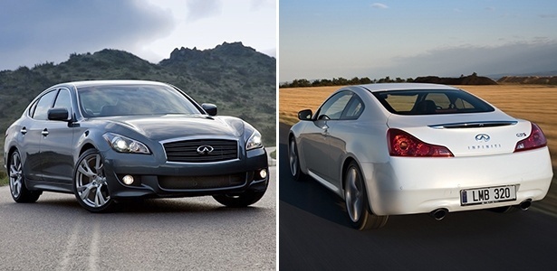 Divulgação Modelos Infiniti: o M (esq,) já foi fotografado em SP; a gama G, que inclui um cupê (dir.), é a best-seller