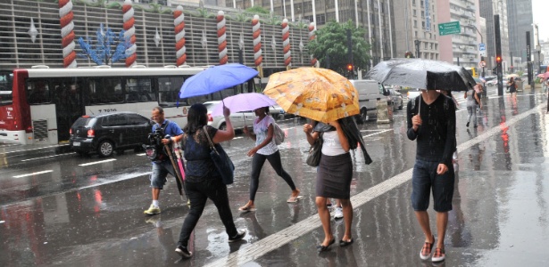 Pedestres se protegem da chuva no final da tarde desta quarta-feira (19), na avenida Paulista, em São Paulo.