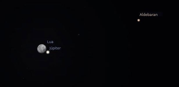 Imagem projetada pelo programa Stellarium mostra Lua, Júpiter e a estrela Aldebaran de Touro