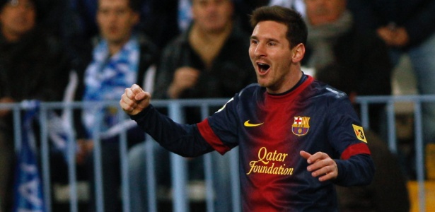 Messi comemora após abrir o placar na vitória do Barcelona sobre o Málaga