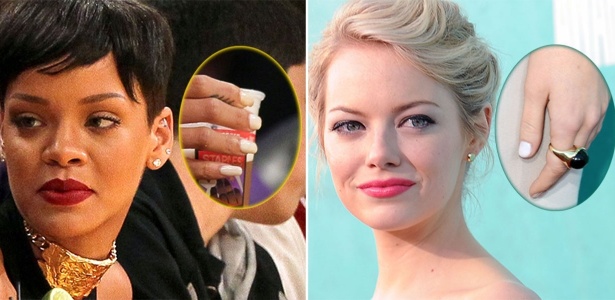 Getty Images/Montagem No detalhe, as unhas brancas da cantora Rihanna e da atriz Emma Stone
