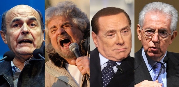Pier Luigi Bersani, Beppe Grillo, Silvio Berlusconi e Mario Monti: quem vence?
