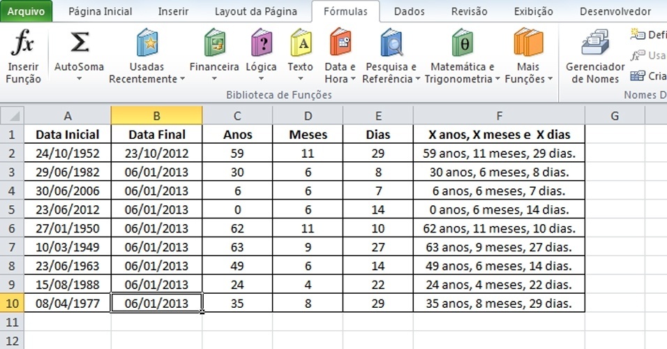 Excel subtração de datas apresenta resultados em dias, meses e anos