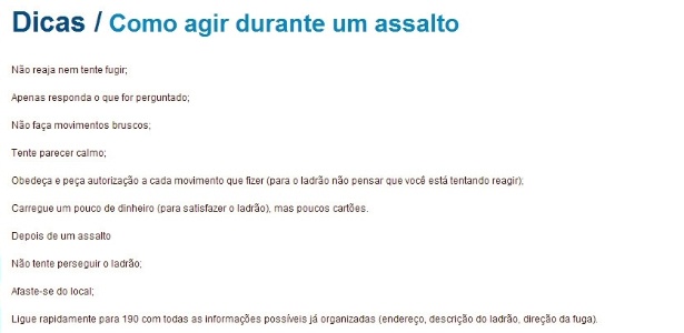 Site da Secretaria de Segurança da Bahia recomenda que cidadão carregue dinheiro para o ladrão