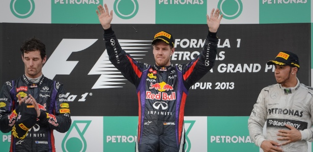 Sebastian Vettel comemora no pódio ao lado de Webber e Hamilton a vitória no GP da Malásia