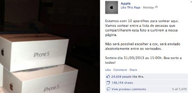 Falso sorteio de iPhone 5 é compartilhado por quase 200 mil usuários no Facebook