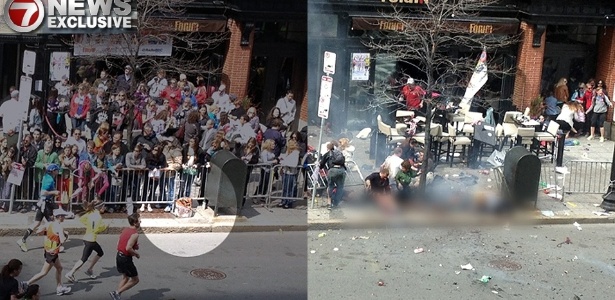 Pacote que supostamente conteria uma das bombas que explodiu durante a Maratona de Boston é flagrado em fotografia (à esq.); a outra imagem teria sido feita momentos após a explosão, a segunda dos atentados