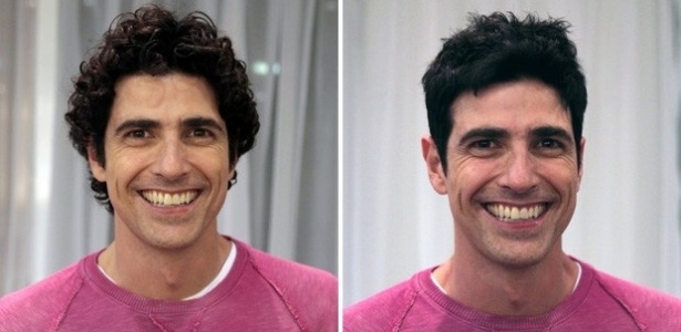 O antes e o depois do ator Reynaldo Gianecchini, que cortou os cabelos e despediu-se do visual do personagem Nando, de "Guerra dos Sexos", durante gravação do programa "Estrelas"