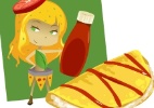 F�cil de fazer, omelete japonesa mistura arroz, presunto e ketchup