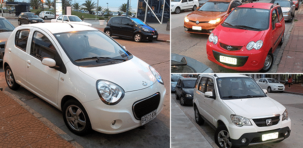 Carros chineses no Uruguai: à esquerda, um Geely LC (branco) e, do outro lado da rua, um BYD F0 (preto); à direita, MG parado ao lado de um Haima 1 vermelho (acima) e jipinho da Zotye com JAC J3 Turin (branco) ao fundo. Fotos foram feitas ao longo de cinco minutos em duas vias de Punta del Este... 