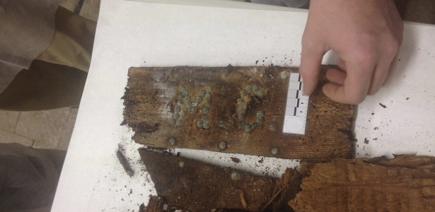 Pedaço de caixão com as iniciais M.C., encontrado por equipe que buscava restos mortais de Cervantes em Madri (Espanha