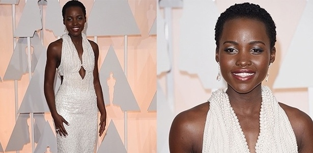 Lupita Nyong'o veste um longo branco da Calvin Klein Collection bordado com 6.000 pérolas para ir ao Oscar
