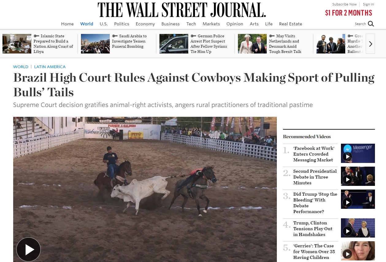 Em vídeo, 'Wall Street Journal' apresenta a vaquejada, proibida pelo STF