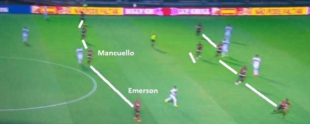 Flagrante do Flamengo se defendendo num 4-1-4-1, com Emerson voltando para recompor. Ainda deixa espaços na compactação, mas sem o buraco pela esquerda (reprodução TV Globo).