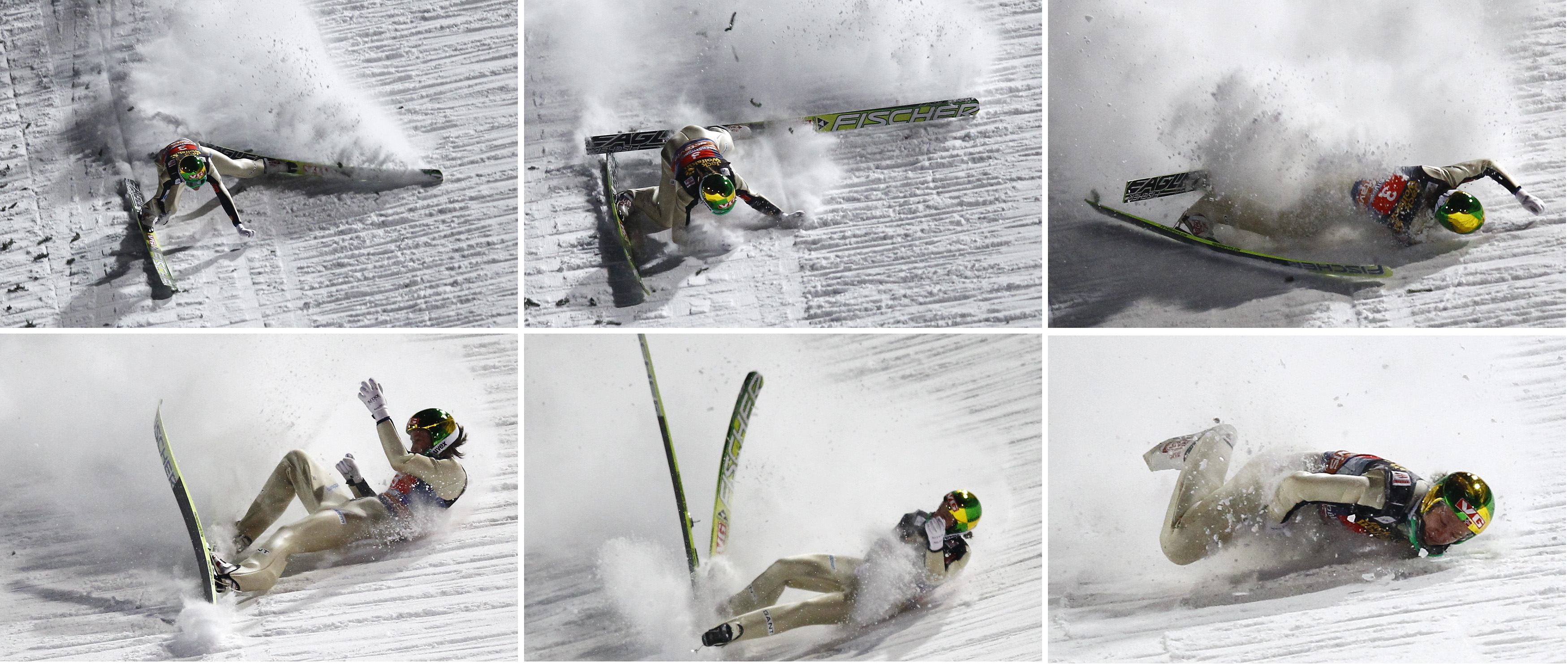 Combination pictures shows Norway's Hilde crashing during final of first event of 60th four-hills ski jumping tournament in Oberstdorf