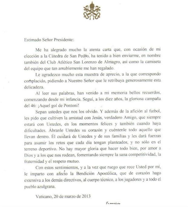 Papa envia carta ao San Lorenzo