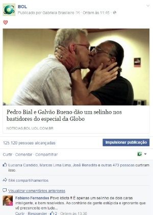 Post sobre o selinho de Bial e Galvão repercute no Facebook do BOL