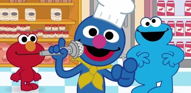 Elmo, Grover e Come Come, bonecos de "Vila Sésamo", na animação "Desafio do Elmo"