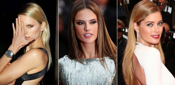 Getty Images/Montagem/UOL As tops Karolina Kurkova, Alessandra Ambrósio e Doutzen Kroes desfilaram o look reluzente em Cannes
