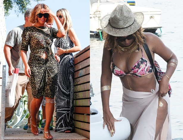 10.set.2014 - Em passeio pela pela França, Beyoncé exibe tatuagem de ouro no joelho. Já à direita, dias antes, a cantora investe na mesma tendência para ir à praia