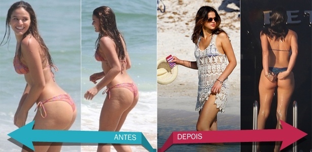 Mudanças visíveis. À esquerda, a atriz em março de 2014, durante gravações da novela "Em Família" em uma praia carioca. À direita, em julho do mesmo ano, durante férias na Europa