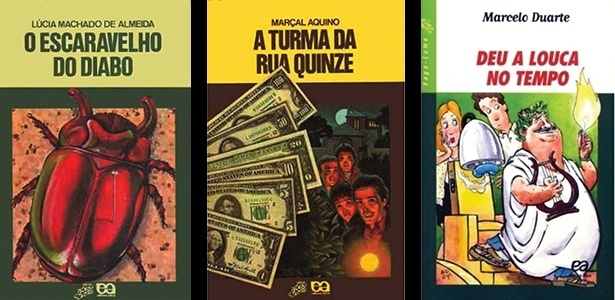 Capas dos livros "O Escaravelho do Diabo", "A Turma da Rua Quinze" e "Deu a Louca no Tempo", da Coleção Vaga-Lume