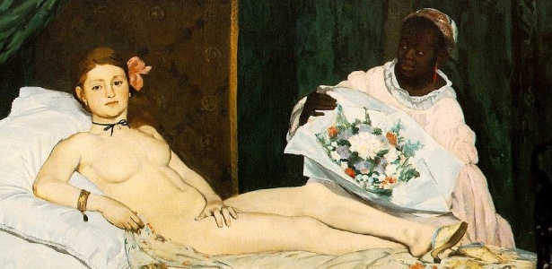 Deborah de Robertis posou nua como a prostituta Olympia do quadro de Manet (acima)