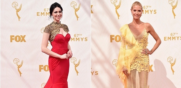 Laura Prepon (à esq.) entrou nos assuntos mais comentados do Twitter por seu look no Emmy, enquanto o vestido Versace de Heidi Klum não agradou