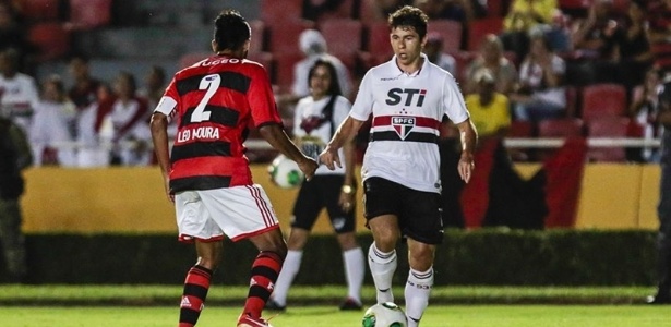 Osvaldo encara marcação de Leo Moura durante amistoso entre São Paulo e Flamengo