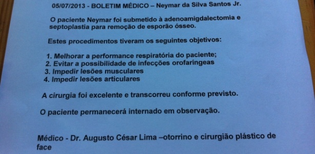 Pedro Ivo Almeida/UOL Boletim médico após cirurgias de Neymar relata sucesso das operações