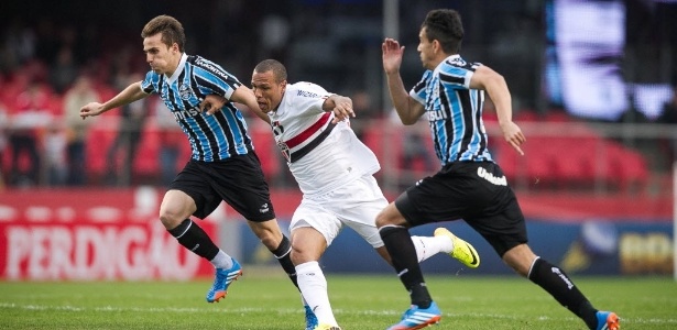 Rodrigo Capote / UOL Bressan e Saimon, do Grêmio, marcam o atacante Luis Fabiano, do São Paulo