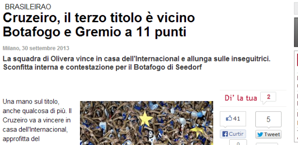 Jornal italiano Gazzetta dello Sport estampou manchete com destaque para o líder Cruzeiro