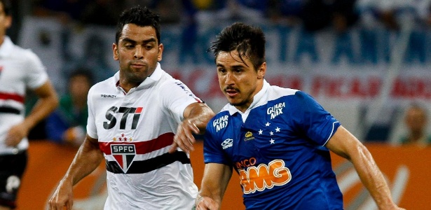Willian disputa posse de bola com Maicon durante vitória do São Paulo sobre o Cruzeiro no Mineirão