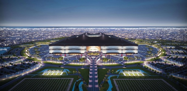 Visão externa do estádio Al Bayt, palco que receberá uma das semifinais da Copa de 2022, no Qatar