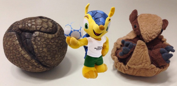 José Ricardo Leite/UOL e Divulgação Tatu bola, fuleco e a pelúcia do tatu bola