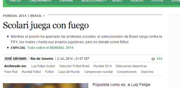 El País publicou artigo criticando postura de Felipão durante a Copa do Mundo