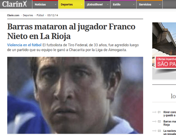 Jogador de futebol Franco Nieto foi morto após uma confusão na Argentina