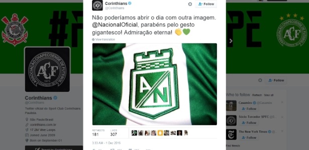 Corinthians usa coração verde para parabenizar At. Nacional por tributo
